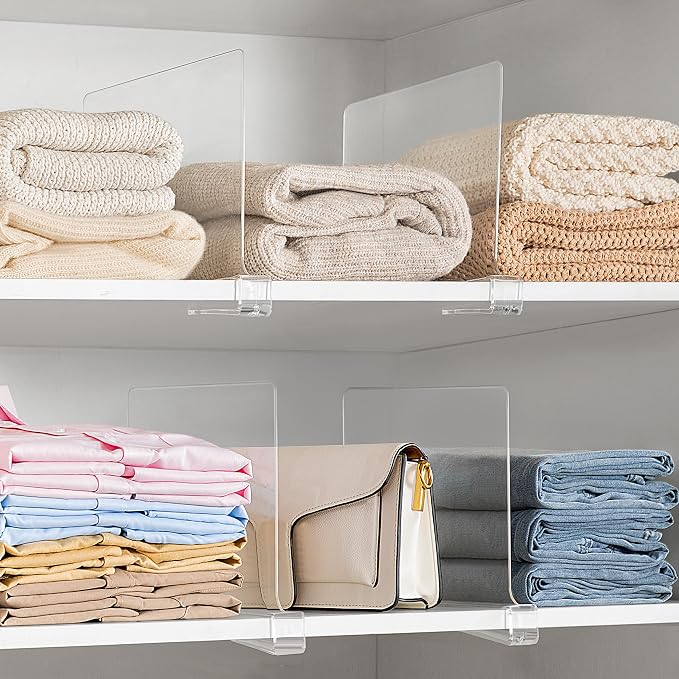HBlife 12 Inches Tall [Extra Tall Version] Clear Shelf Dividers, 8 Pack Purse Organizer for Closet Perfect for Sweater, Shirts, Handbags, Acrylic Adjustable Bookshelf for Organization