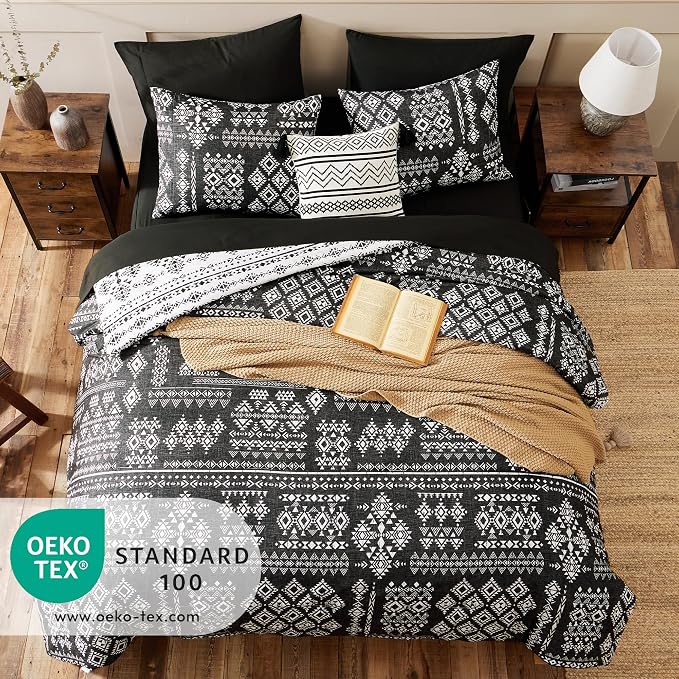Queen Comforter Set - 7 Pieces Western Bedding Set Reversible Bed in A Bag | Boho Bedding, All Season Aztec Bed Set with Comforter, Sheets, Pillowcases & Shams, Grey and Black