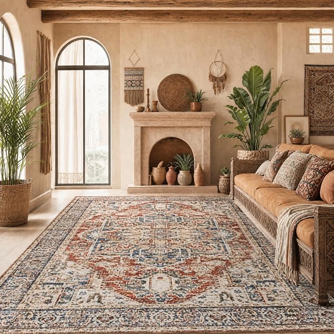 AMADA HOMEFURNISHING 5x7 Area Rugs, Washable Living Room Rug Low-Profile with Non-Slip Backing & Durable Edge Binding, Vintage 5x7 Rugs for Living Room, Bedroom, Dinning Room