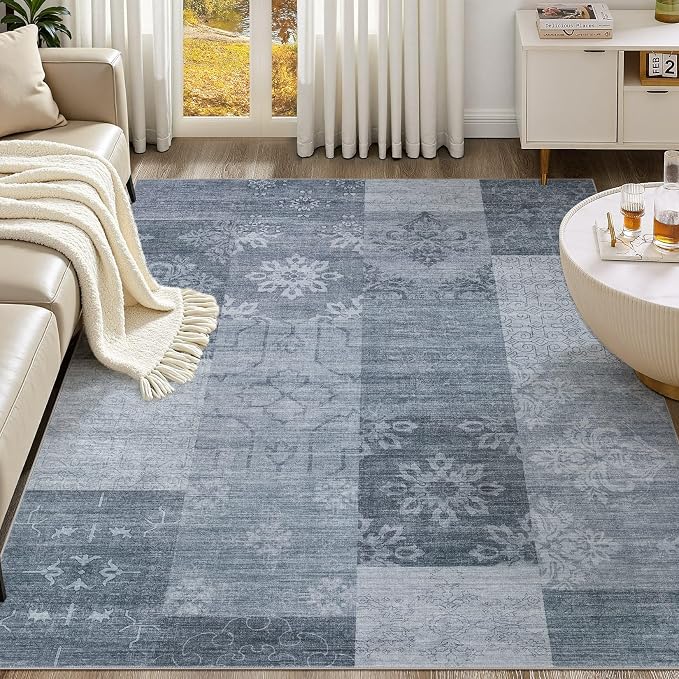 UERMEI 5x7 Area Rug for Living Room - Washable Vintage Carpet, Non-Slip Soft Large Indoor Floor Rugs for Bedroom Home Office & Under Dining Table Decor, Blue Block