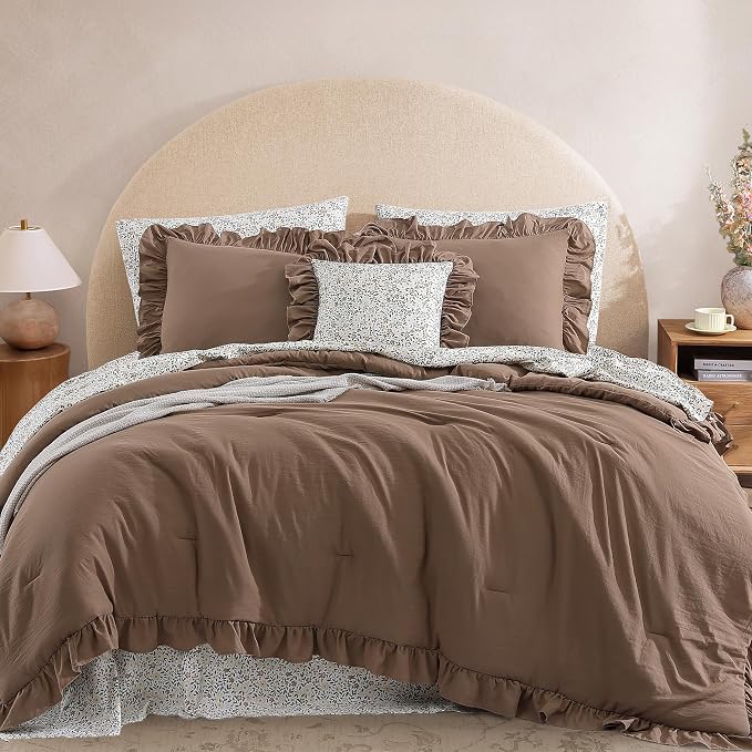 King Size Comforter Set-7 Pieces Ruffle Bedding Floral Sheet | Brown Bed in a Bag, Soft Lightweight All Season Farmhouse King Size Bedding Sets with Floral Sheets, Pillowcases & Shams