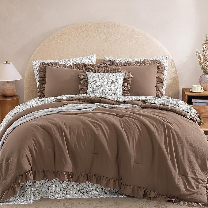 Full Size Comforter Sets-7 Pieces Ruffle Bedding Floral Sheet | Brown Bed in a Bag, Soft Lightweight All Season Farmhouse Full Size Bedding Sets with Floral Sheets, Pillowcases & Shams