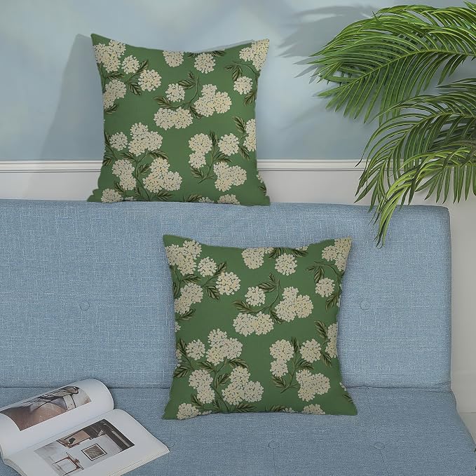 Sage Green Spring Pillow Covers 16x16 Inch 2 Pcs Yellow Hydrangea Flower Decor Throw Pillows Vintage Floral Seasonal Summer Outdoor Decoration Pillowcase Linen Cushion Cover for Couch Sofa