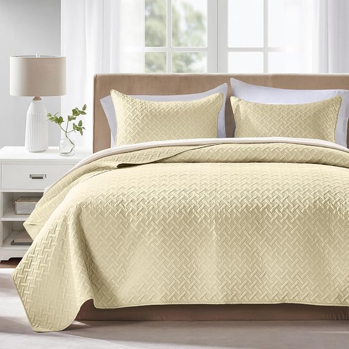 FLYMME Twin Quilt Set,Lightweight Butter Yellow Bedspreads,Basket Weave Pattern,Ultra Soft Microfiber Bedspread Bed Coverlet 2 Pieces for All-Seasons (1 Quilt,1 Shams)