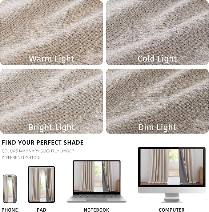 NICETOWN 100% Blackout Linen Curtains for Bedroom/Living Room 90" L, 2 PCs | Thermal Insulated & Privacy Curtains with Grey Liner, Noise Reducing Farmhouse Style, Natural, W52 x L90 in Each