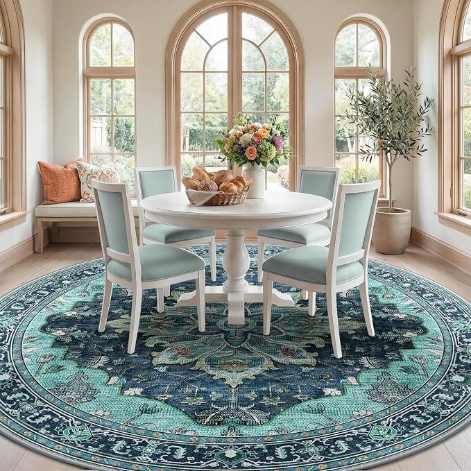 RELEANY Washable Area Rug, Round 10ft, Teal | Non-Slip, Water Repellent, Pet Friendly, Easy to Clean, Vintage Floral Boho Decor for Living Room Bedroom Dining Room
