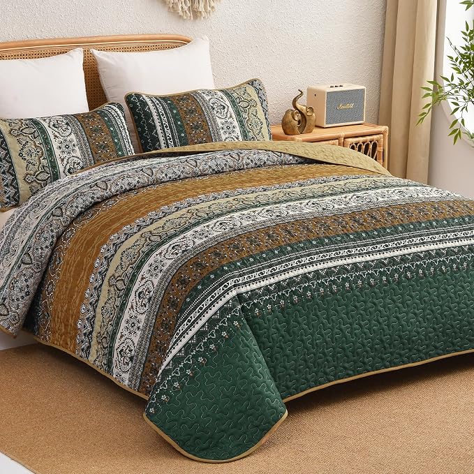 WONGS BEDDING Boho Quilt Queen Size,3 Pcs Bedspread Set, Brown Green | Colorful Bohemian Striped Printed Bedding for All Season, Lightweight Microfiber Coverlet Set with 2 Pillowcases(96"x90")