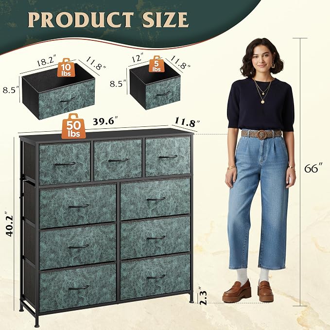 WLIVE Tall Dresser for Bedroom, 9 Drawer Chest of Drawers, Vintage Green | 9 roomy fabric drawers, Tall storage design, Bedroom or closet use, Sturdy steel frame, Smooth wood tabletop