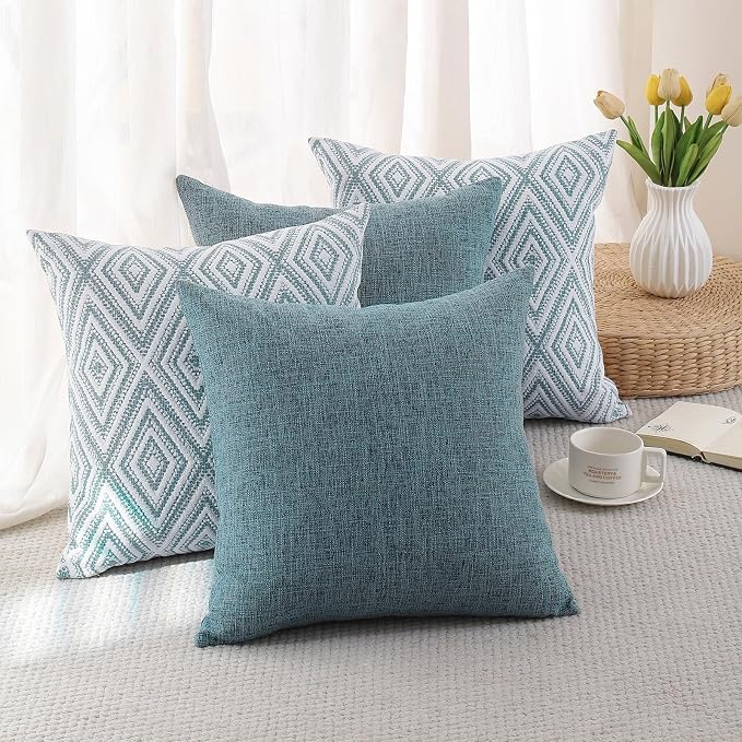 HPUK Throw Pillow Covers 18x18, Set of 4, Blue Textured Couch Pillow Covers | Polyester fabric, patterned and solid designs, hidden zippers, machine washable, for sofas and beds, inserts not included