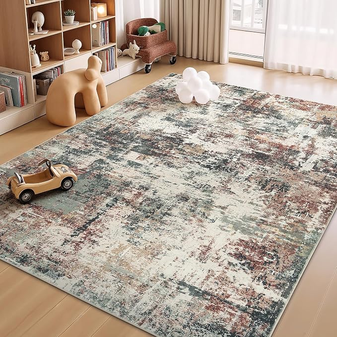 Rugflix 8x10 Area Rugs for Living Room, Washable Rust Brown Green Large Rug | Machine Washable; Stain-Resistant; Low Pile; Non-Slip; Modern Abstract; Carpet for Bedroom Dining Office Nursery Home