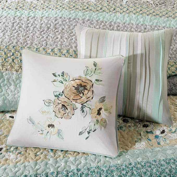 Madison Park Cotton Floral Coverlet Green King Quilt Set, 6pc | Double Sided Stitching, All-Season, Lightweight, Shabby Chic Bedding Layer, Machine Washable, Cozy, Breathable, Soft