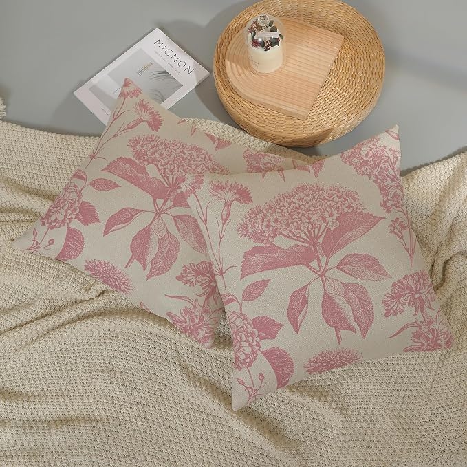 Pink Pillow Covers 22x22 Inch 2 Pcs Boho Vintage Floral Decor Throw Pillows Hydrangea Flower Seasonal Outdoor Farmhouse Neutral Accent Decoration Pillowcase Linen Cushion Cover for Sofa