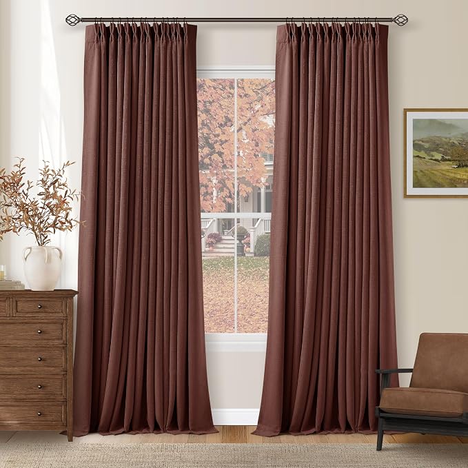 TWODRAPES Brick Brown Pinch Pleated Blackout Linen Curtains 120 Inches Long | 100% Black Out Room Darkening, Thermal Insulated, Red Chestnut Country Farmhouse, Drapes for Living Room Bedroom 2 Panels