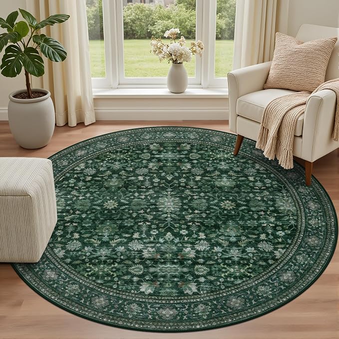 Round Area Rug for Living Room: 8ft Boho Washable Rug Deep Green | Vintage Boho Soft Round Rug Indoor Floor No Slip Carpet Stain Resistant Rugs for Bedroom Dining Room Nursery Home Office