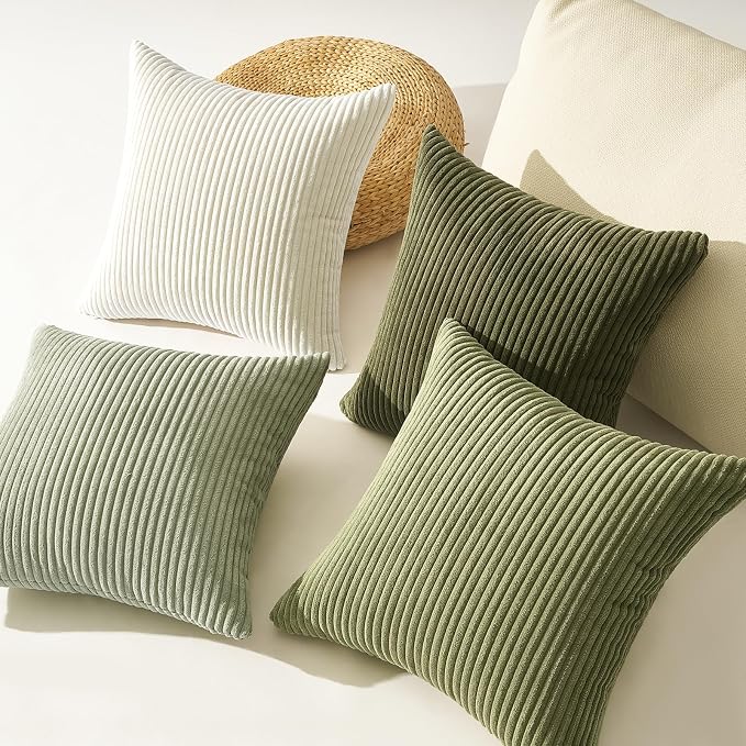 Topfinel Green White Spring Pillow Covers 22x22 Inch Set of 4 Boho Nordic Cushion Covers Soft Corduroy Home Decor for Couch Bed Sofa Living Room