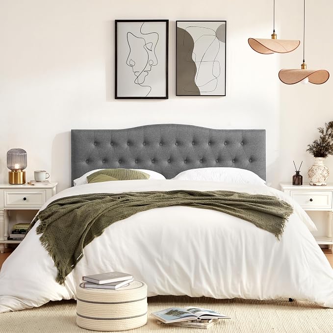 Tufted Headboard Full Size, Solid Wood Adjustable Height Head Board, Gray | Upholstered Full XL Headboard Only with Durable Solid Wood Legs, Adjustable Height 37-51 in, Fabric Button Diamond HeadBoards