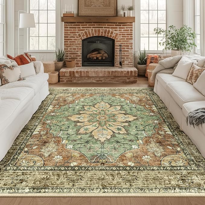RELEANY Washable Area Rug, Square 8'x8', Brick/Brown/Green | Non-Slip, Water Repellent, Pet Friendly, Easy to Clean, Vintage Floral Boho Decor for Living Room Bedroom Dining Room Office