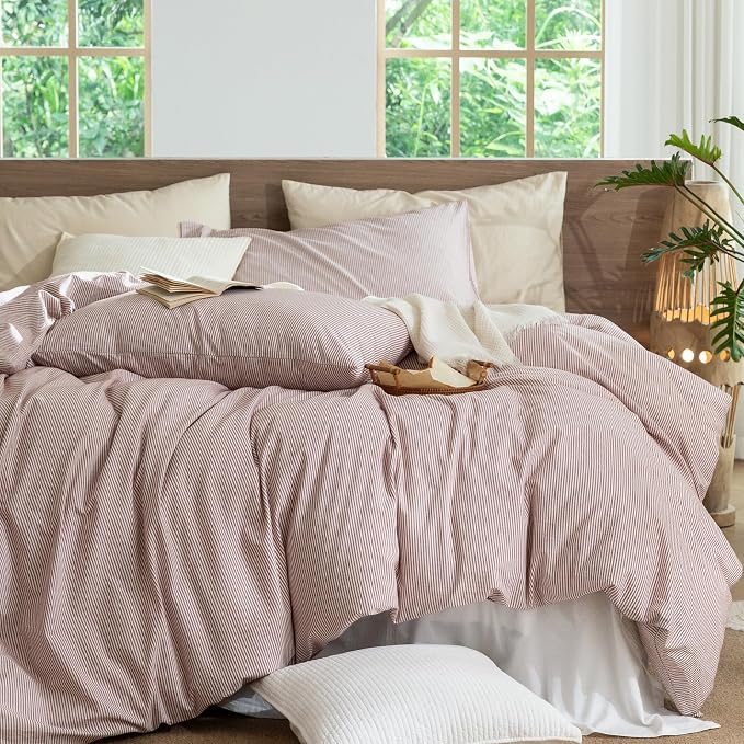 MooMee Striped Duvet Cover Set 100% Washed Cotton Linen Like Queen | Relaxed Linen-like Texture. Soft, Breathable & Long-lasting Comfort. Lightweight. Hidden Zipper with 8 Interior Corner Ties