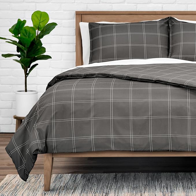 Bare Home Duvet Cover Set 1800 Ultra-Soft (Full, Modern Plaid - Grey/White) | Lightweight, Cooling, Breathable, Premium 1800 Ultra-Soft, All-Season