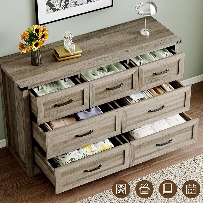 BORNOON 7-Drawer Dresser for Bedroom, Modern Wooden Chest of Drawers with Metal Handles, Anti-Tipping Design, Sturdy and Stable Storage Organizer for Living Room, Entryway, Home Office