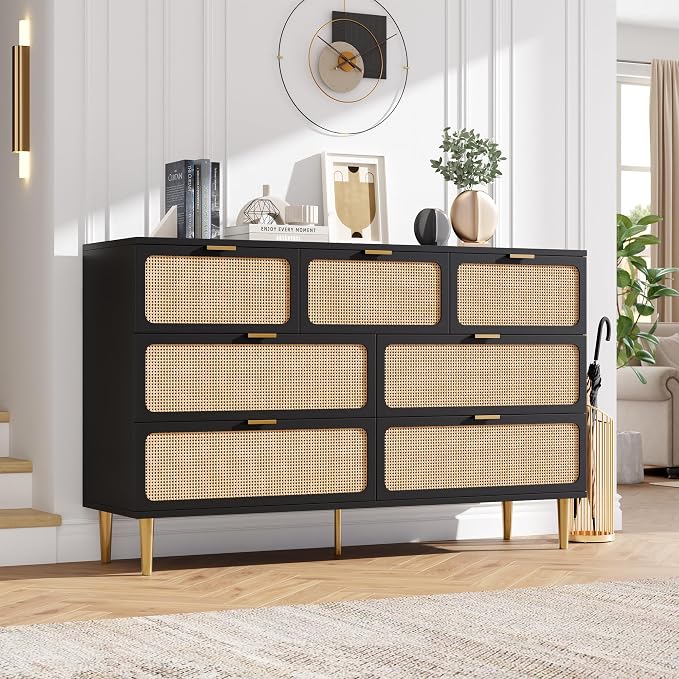GarveeHome Rattan 7 Drawer Dressers for Bedroom, Deep Drawer, Black | Tall Dresser, Wide Top, for Living Room, Hallway, Kids Room, Large Chest of Drawers for Closet, Long Wooden Dresser