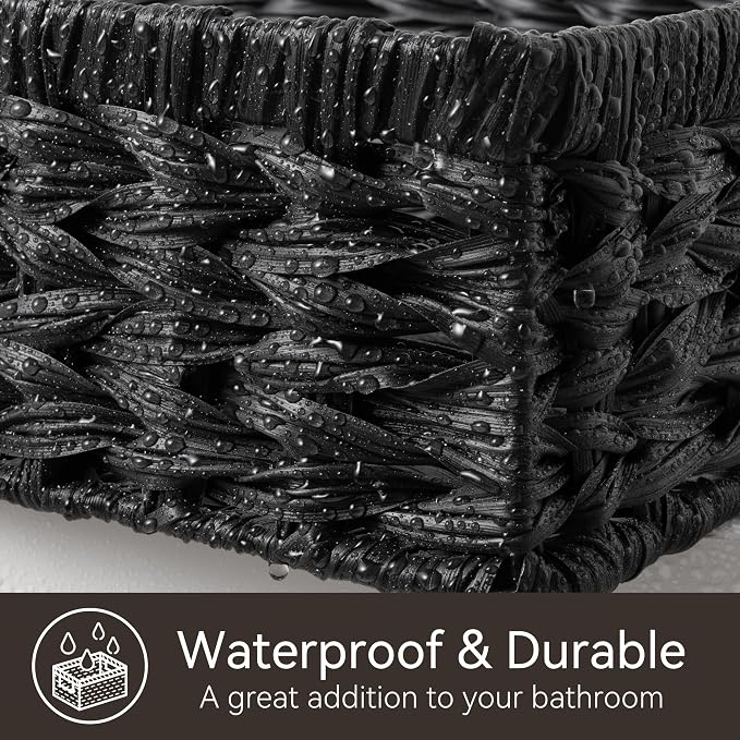 GRANNY SAYS Wicker Baskets for Organizing, Waterproof Black Basket, 1-Pack | Handwoven Wicker Storage Basket for Shelves, Woven Baskets for Pantry Storage, Large Shallow Basket, Black Wicker Basket