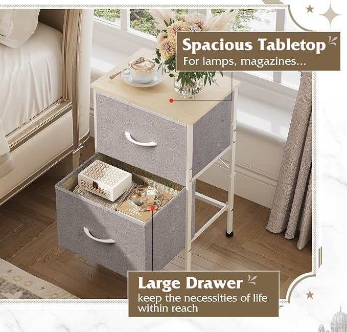 WLIVE Nightstand, Nightstand with 2 Drawers, Bedside Furniture, Night Stand, Small Dresser for Bedroom, College Dorm, End Table with Fabric Bins, Dormitory, Light Grey