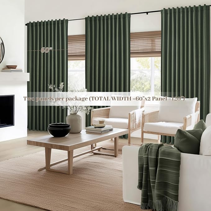 Dark Olive Green Curtains 60 Inch Length Extra Wide Pleated Black Out 96 Inch Long for Living Room, Linen Thick Sliding Glass Door Heavy Duty Insulated Large Window Drapes (60"Wx96"Lx 2Panels Loden)
