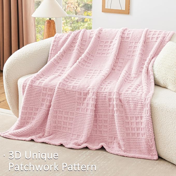 EXQ Home Fleece Throw Blanket for Couch or Bed - 3D Waffle Patchwork Pattern Jacquard Decorative Blankets - Cozy Soft Fuzzy Flannel Blanket Suitable for All Seasons(50"×60",Pink)