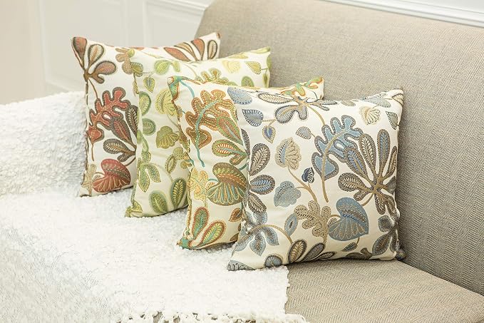 Mika Home Set of 2 Jacquard Tropical Leaf Pattern Throw Pillow Covers Decorative Pillowcase 22X22 Inches,Teal Cream
