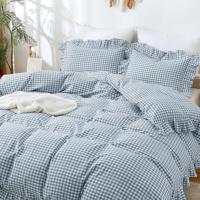 ATsense Blue Gingham Ruffle Duvet Cover Set Cotton Like Linen, King | 100% Washed Cotton Linen-Like Feel Soft, Breathable & Comfy. Farmhouse Bedding Set with Zipper & 8 Ties. 3 Pcs, No Insert