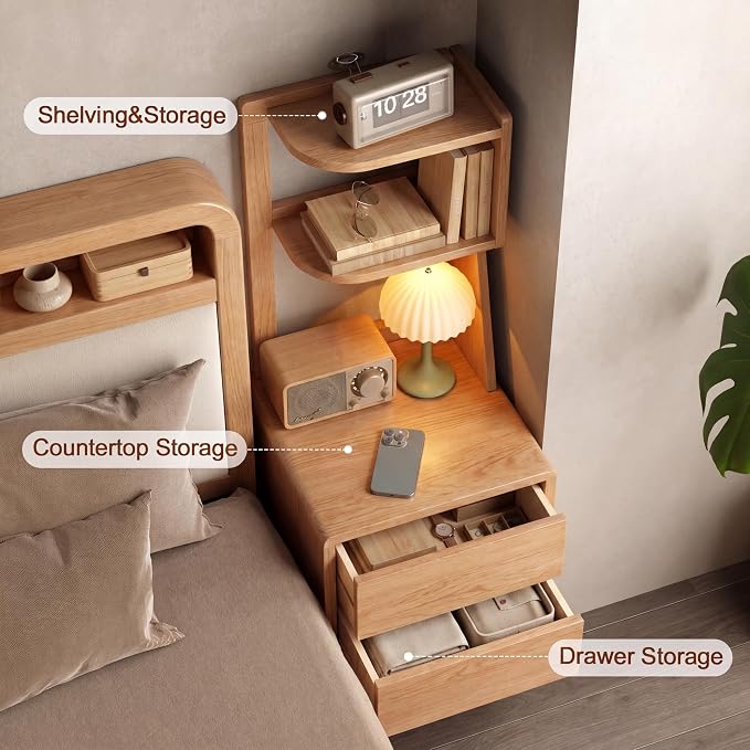 Solid Wood Bookshelf Nightstand Combo, Tall Nightstand with Bookshelf | Oak Nightstand Bookshelf,Solid Wood Nightstand with Drawers,Open Shelf Bookcase,for Bedroom,Living Room,Offices