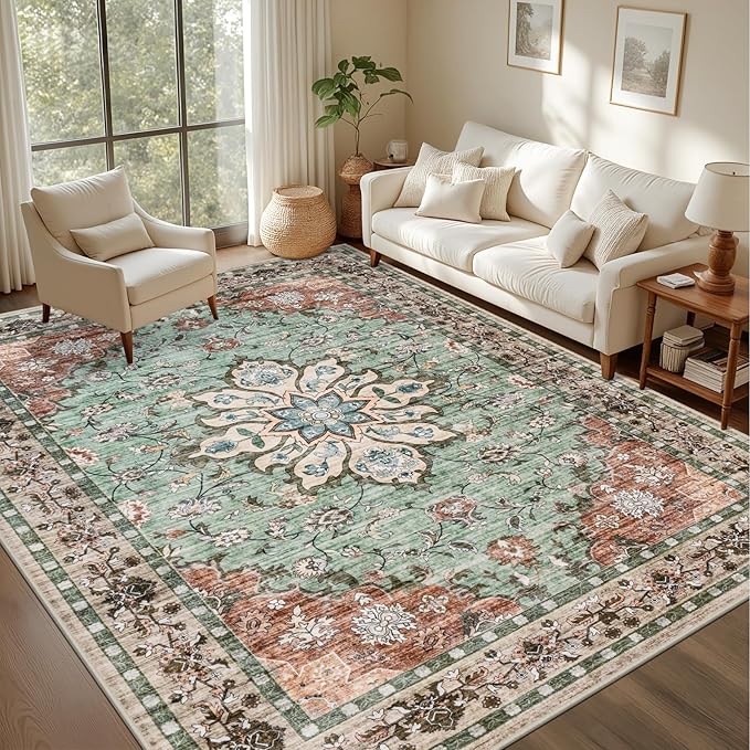 6x9 Area Rugs Living Room: Washable Rug for Bedroom Brown Green | Boho No Slip Stain Resistant Rug Soft Indoor Decor Floor Floral 6x9 Area Rugs for Dining Room, Nursery, Hallway, Home Office