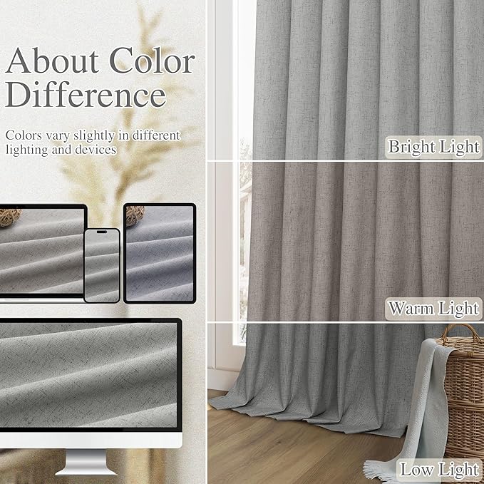 Dark Grey 100% Blackout Linen Curtains 90 Inch Length 2 Panels Set for Living Room Back Tab Thermal Insulated Black Out Drapes Room Darkening Farmhouse Style for Bedroom Window Curtains