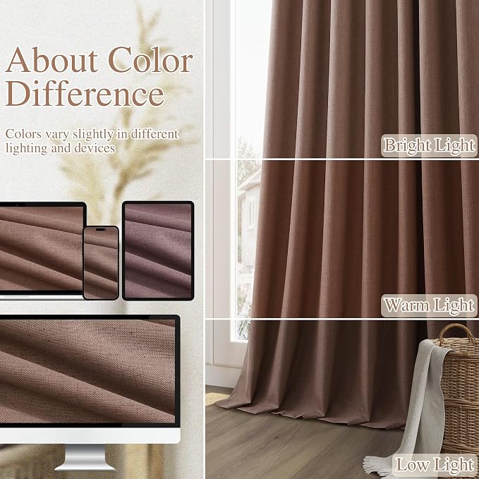 100% Blackout Curtains 96 Inch Length 2 Panels Set for Living Room Bedroom Back Tab Thermal Insulated Black Out Linen Drapes Room Darkening Cappuccino,52x96