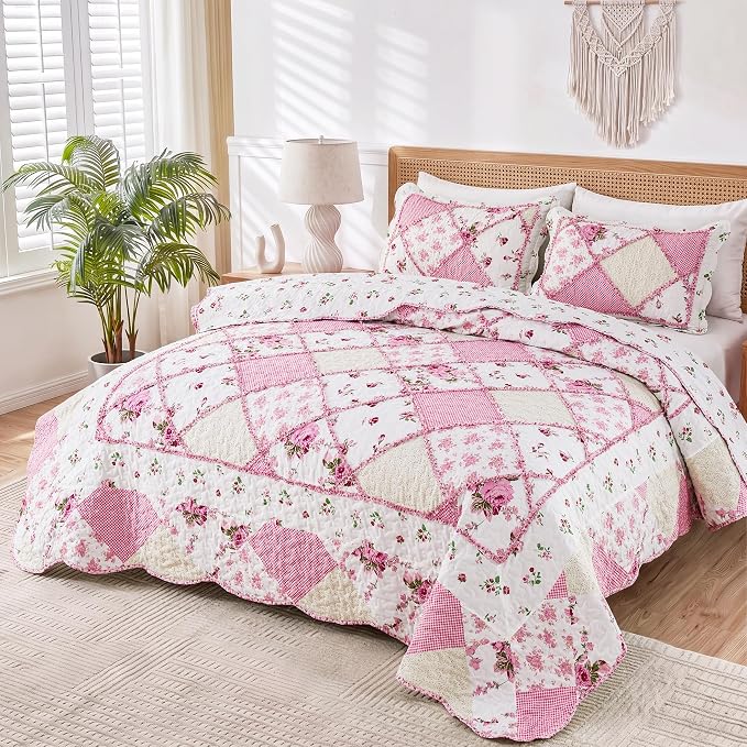 Full/Queen Size Quilt Set Pink Floral Patchwork Bedspreads Coverlet Set | VIVILINEN 3-Piece Reversible Floral Bedding Set Lightweight Comforter Queen Bed Sheet Set Cover Blanket with 2 Pillow Shams
