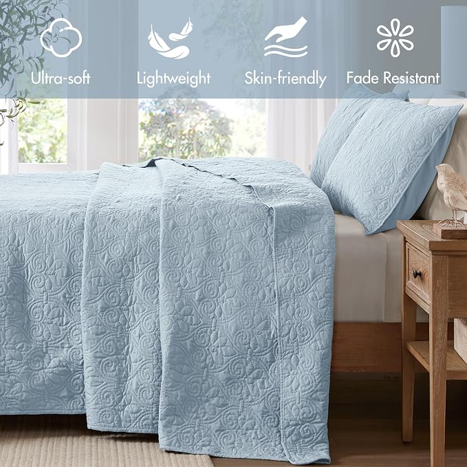 Madison Park King Quilt Bedding Set, Cottage-Inspired Damask, 3PC | All Season Quilted Coverlet, Classic Stitch Pattern Bedspread & Shams, Ultra Soft Microfiber Bedspread Set, Blue
