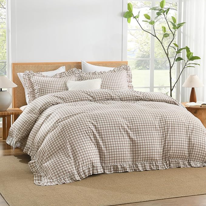 Andency Tan Gingham Duvet Cover Full, Ruffle Shabby Chic Bedding Set 3 Pcs | Farmhouse Soft Pre-Washed Polyester Comforter Cover with Zipper Closure & Corner Ties, 79x90Inch