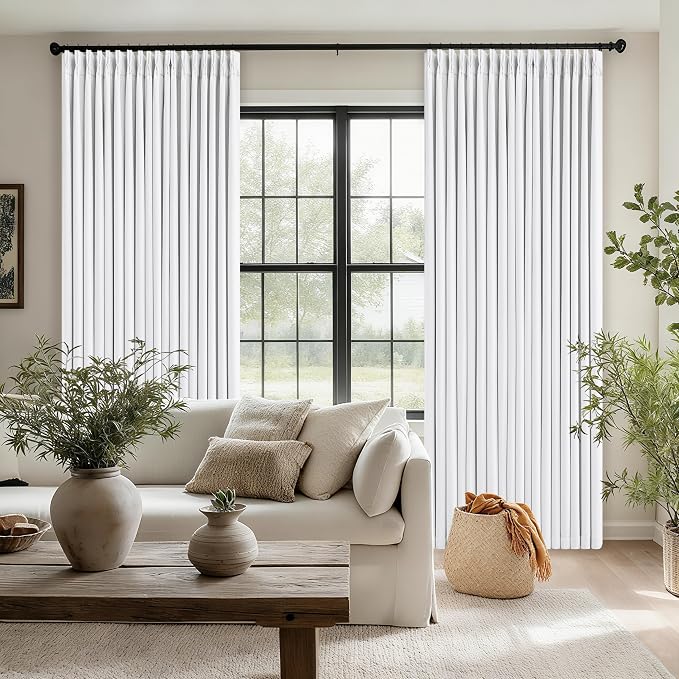 TWODRAPES Snow White Pleated Linen 100% Blackout Curtains 102 Inches Long | Pinch Pleat Back Tab, Linen Drapes with Liner, Black Out Thermal Insulated, Energy Saving Curtain for Living Room Bedroom