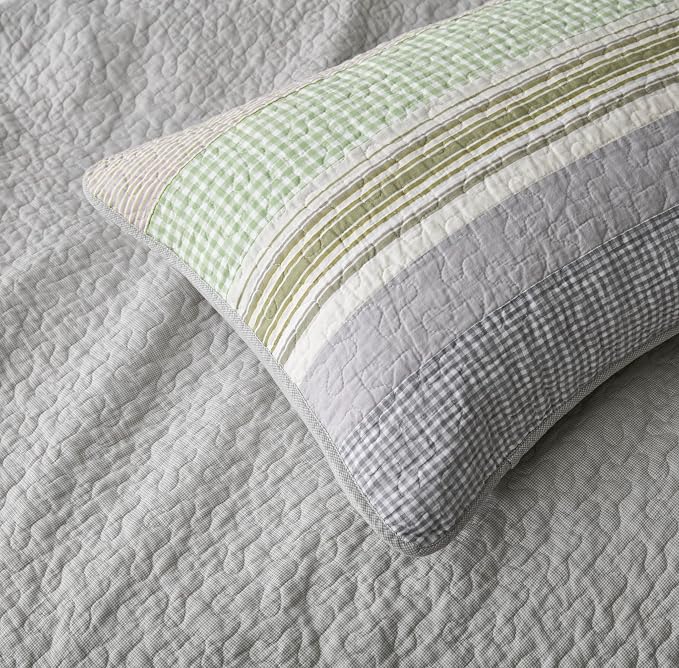 Chezmoi Collection Rene 3-Piece Boho Chic Patchwork Stripe Quilt Set - Green Gray White Plaid Candy Stripe Reversible Bedspread - Pre-Washed Cotton Lightweight Coverlet, Queen Size