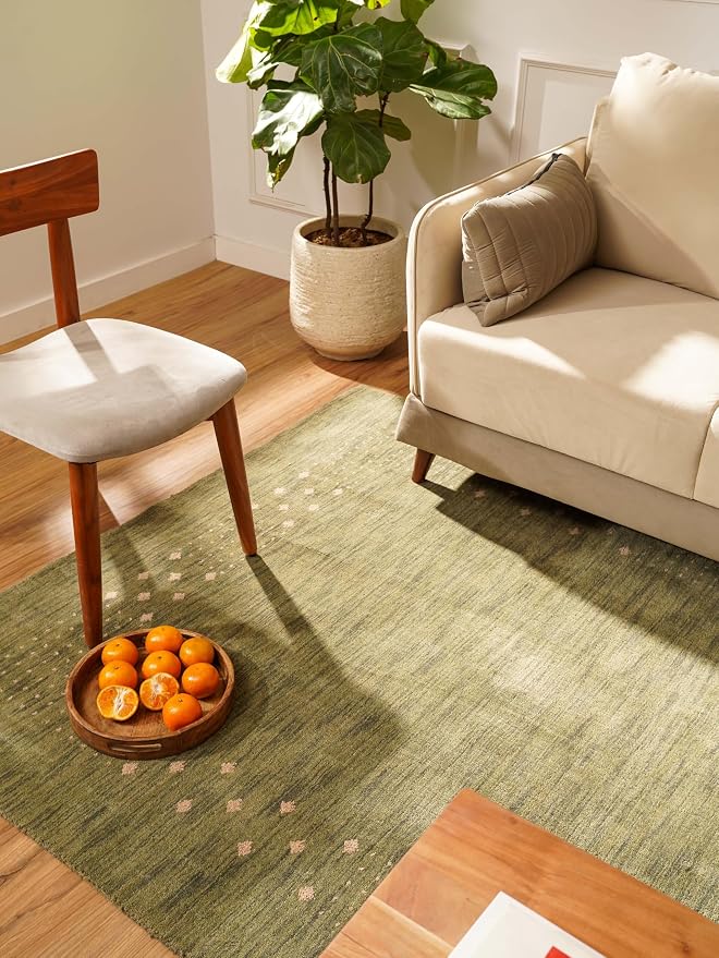 Hand Knotted Loom Wool ECO-Friendly Area Rugs - 3'x5', Rectangle Shape, Green Color, Contemporary Design, High Pile Thick Handmade Anti Skid Area Rugs for Living Room, Bed Room (L00530)