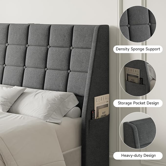 Queen Size Headboard with Charging Station, Wingback Ergonomic Headboards | Wingback Upholstered Bed Head Board with Storage Pocket, Sturdy Stable Solid Wood Headboard, Bed Frame Adapters, Dark Grey