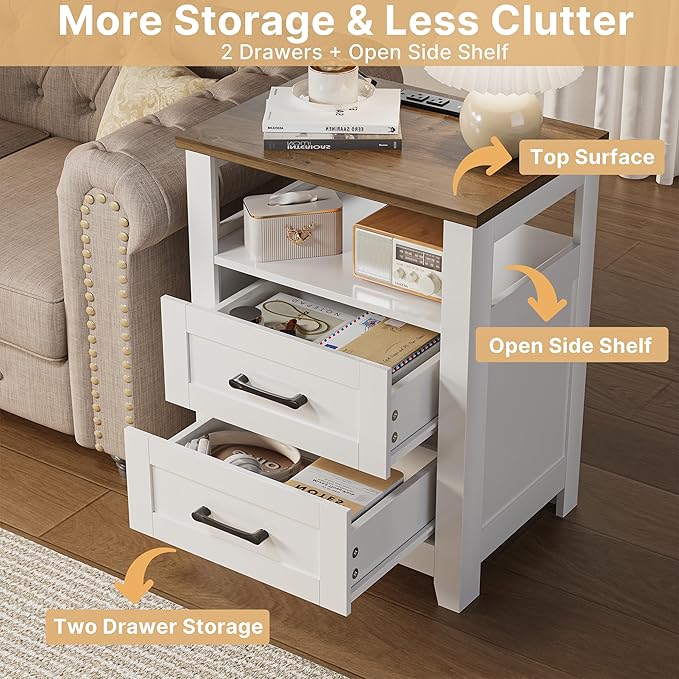Decofy Farmhouse 2-Drawer Nightstand Set of 2 with Charging Station, White | Open Shelves, AC Outlets, USB And Type C Ports, Rustic Wood Bedside Tables, Storage For Small Items