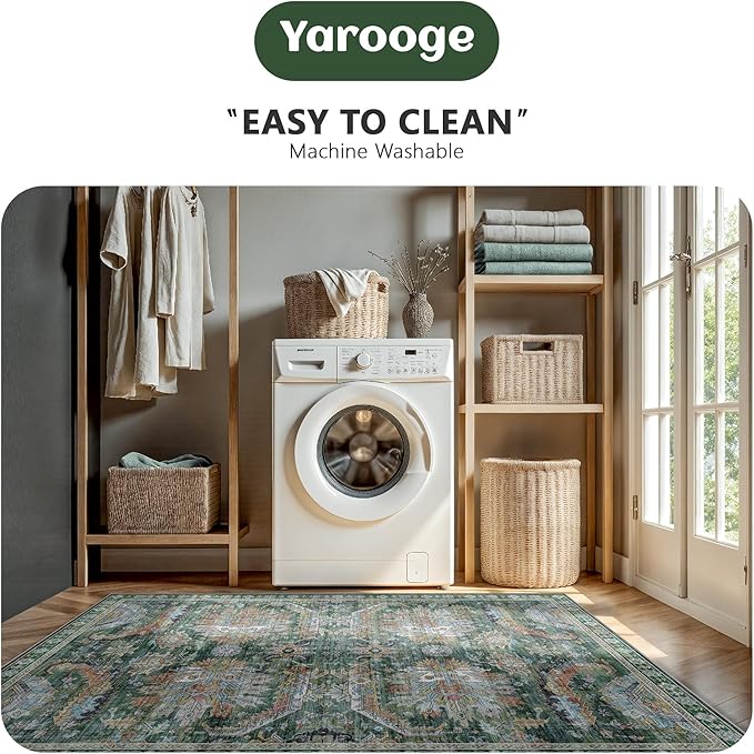 8x10 Area Rugs, Vintage Retro Soft Washable Rug, Non-Slip Low Pile Rugs for Living Room, Bedroom, Dining Room, Stain Resistant Home Decor Rug (Green)