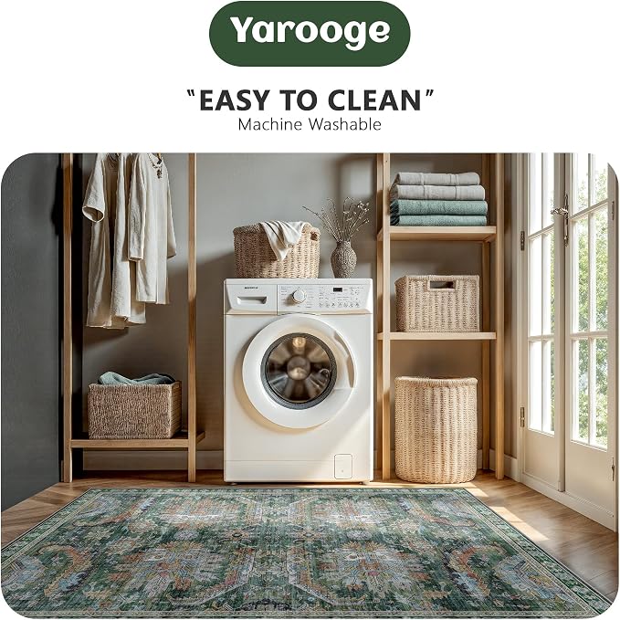 Washable Rug 6x9, Vintage Retro Soft Area Rug, Non-Slip Low Pile Rugs for Living Room, Bedroom, Dining Room, Stain Resistant Home Decor Rug (Green)