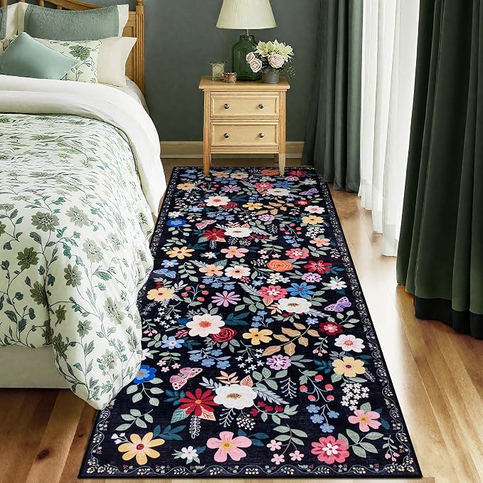 PLHXFR 2x5 Washable Runner Rug：Floral Indoor Kitchen Soft Carpet Black | For Hallway Bedroom Kitchen Laundry Bathroom Dorm,Vintage Floral,Machine washable,Non Slip,Stain Resistant,Indoor Floor