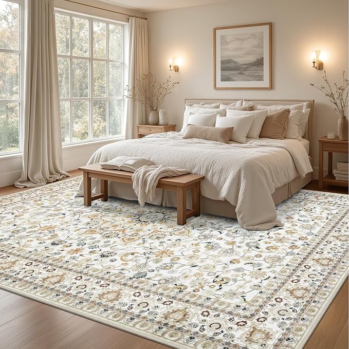 10x14 Area Rugs Living Room: Washable Vintage Rug for Bedroom Beige | Vintage No Slip Stain Resistant Rug Soft Indoor Decor Floor Floral Area Rugs for Dining Room, Nursery, Hallway, Home Office
