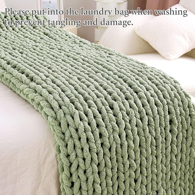 Chunky Knit Blanket Throw for Couch, 60"x80" Chunky Yarn Knitted Blankets | 100% Hand Knit Thick Chenille, Soft Breathable for Bed, Sofa, Home Decor, Cozy Gifts for Women Friends, Sage Green