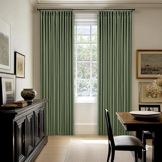 84 Inch Olive Green Linen Pinch Pleated Blackout Curtains Dual Layer | 100% Black Out, Pinch Pleat with Hooks Rings, Thick Linen Textured, Room Darkening, Bedroom Living Room Window Curtains