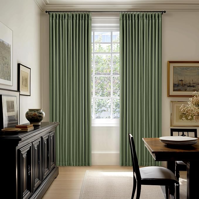 86 Inch Olive Green Linen Pinch Pleated Blackout Curtains with Liner | 100% Black Out, Pinch Pleat with Hooks Rings, Thick Linen Textured, Soundproof, Bedroom Living Room Window Curtains, Loden